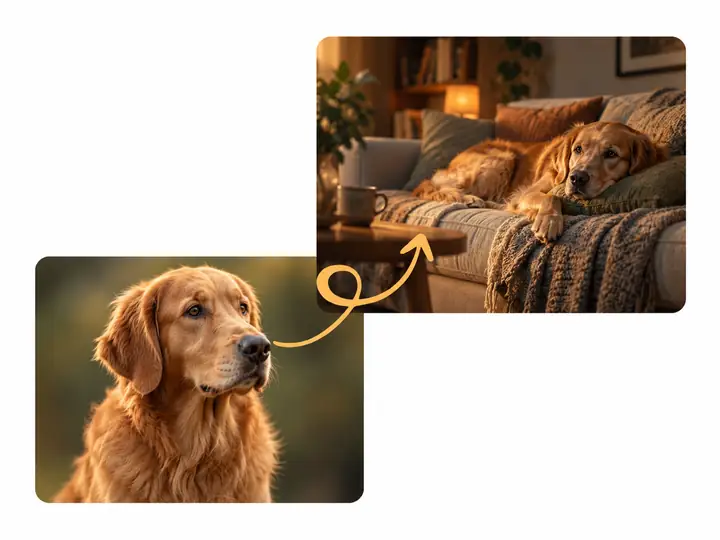 A dog portrait and a second scene showing the dog resting on a sofa