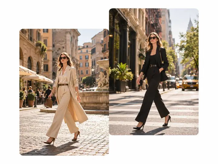A fashion portrait shown in two different city-street backgrounds
