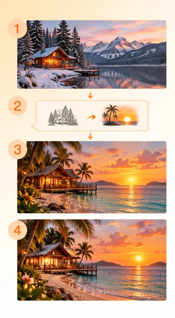 A four-step visual guide showing an image upload, an editing prompt and an example result