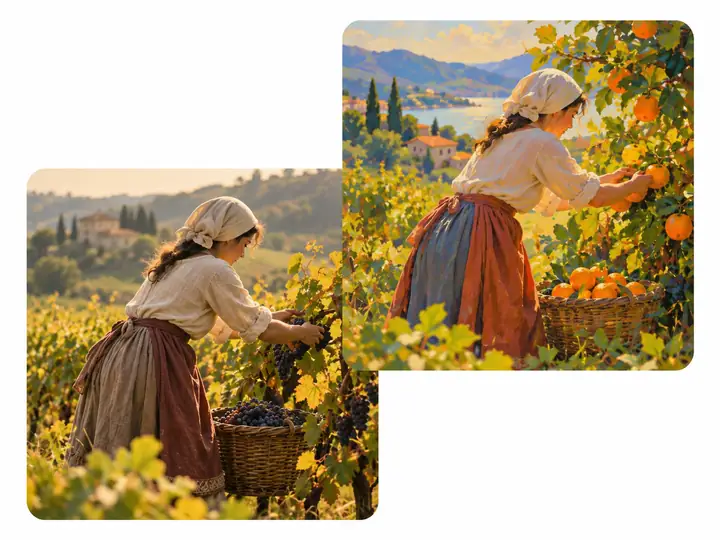 A harvest photograph beside a more colorful, painterly interpretation of the same scene