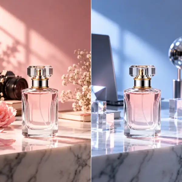 A perfume bottle displayed against two different studio backgrounds