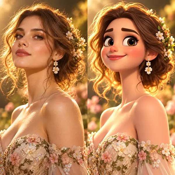 A portrait alongside a bright illustrated version