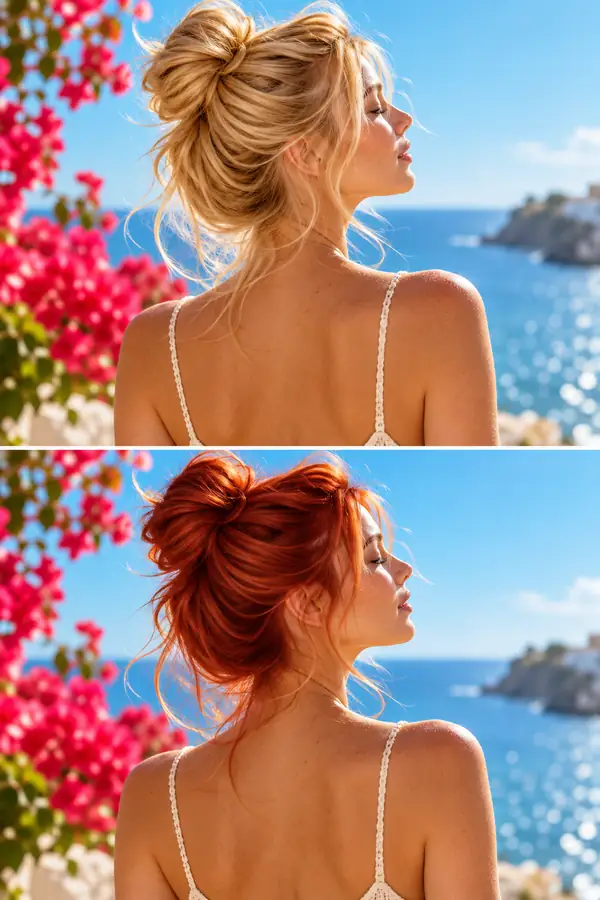 Example AI photo edit changing a portrait's hair color from blonde to red