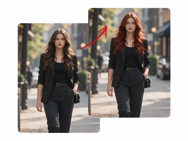 Two street portraits showing a targeted change to a person's hair color